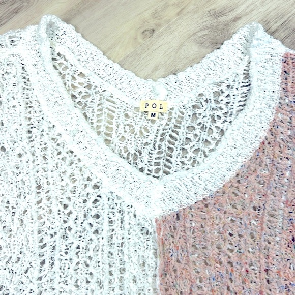 POL Boho Chic Oversized Crochet Knit Off-the-Shoulder Two-Tone V-Neck Sweater M - Picture 2 of 9